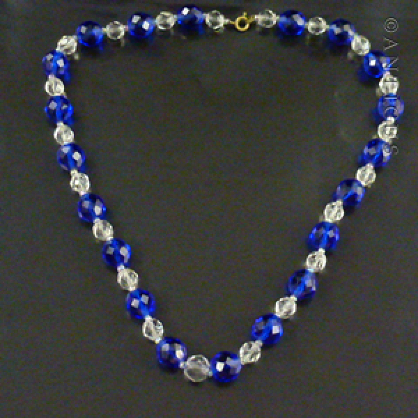 Crystal Bead Necklace, Bright Blue and Clear Beads.