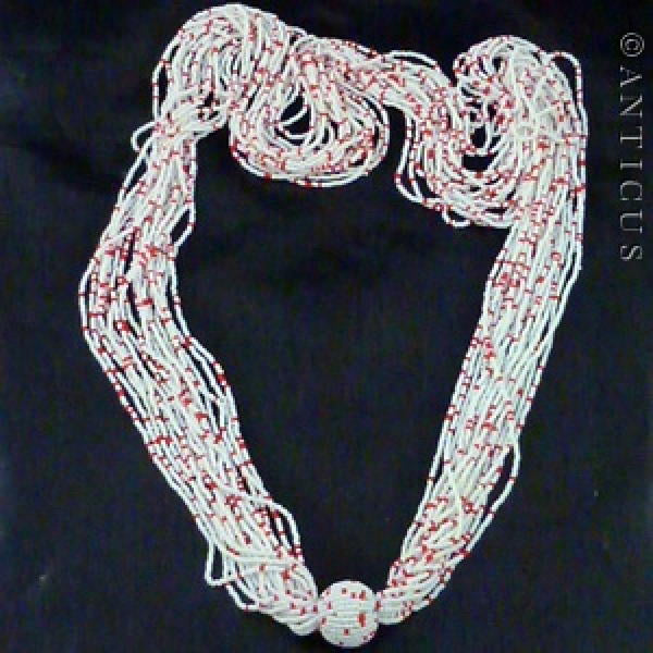 Long 1920's Flappers Necklace, Red and White.