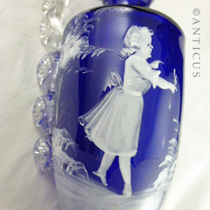 Victorian Blue Glass Mary Gregory Vase.
