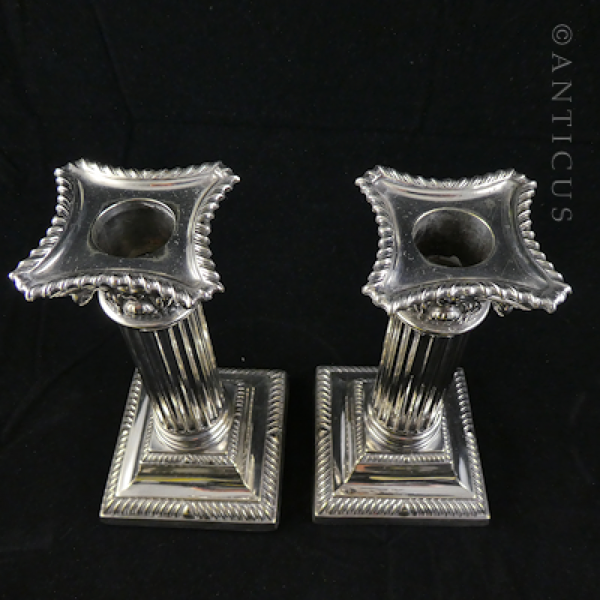 Pair Silver Plate Column Candlesticks, Late 1800s.