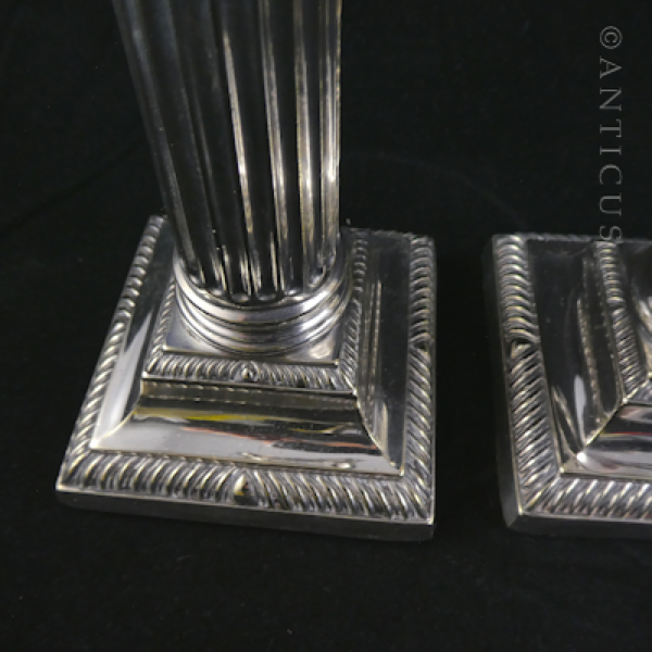 Pair Silver Plate Column Candlesticks, Late 1800s.
