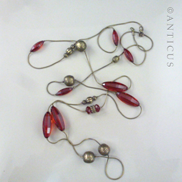 Modern Very Long Necklace, Red Bead and Chain.