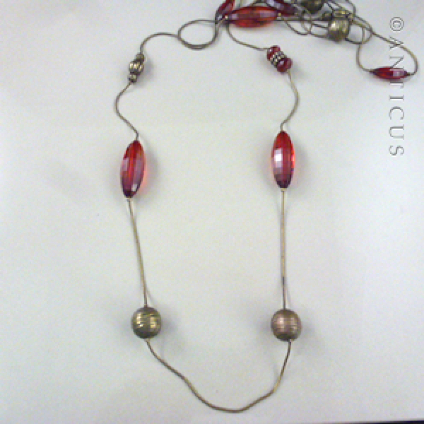 Modern Very Long Necklace, Red Bead and Chain.