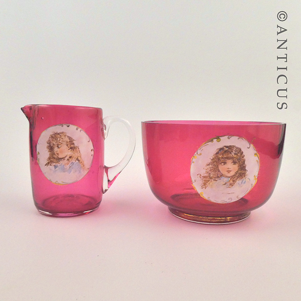 Cranberry Glass Cream & Sugar, Children Picts.
