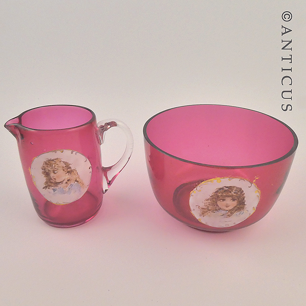 Cranberry Glass Cream & Sugar, Children Picts.