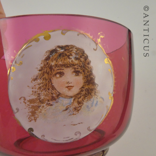 Cranberry Glass Cream & Sugar, Children Picts.