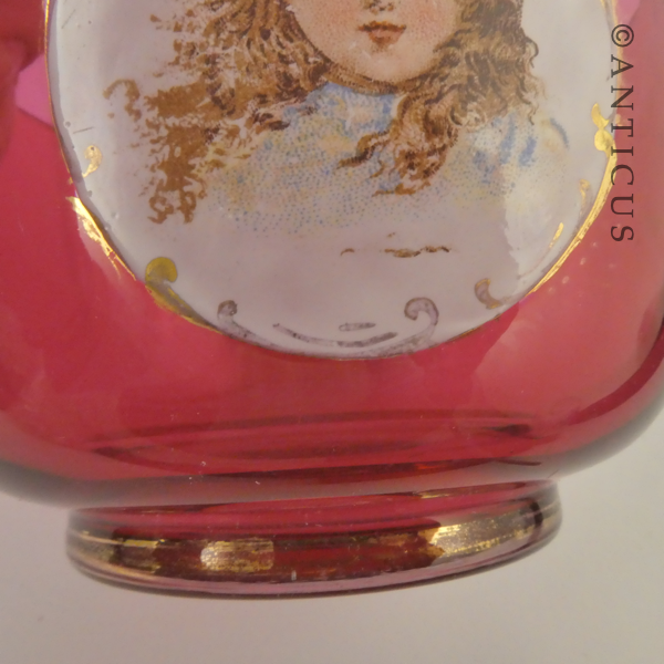 Cranberry Glass Cream & Sugar, Children Picts.