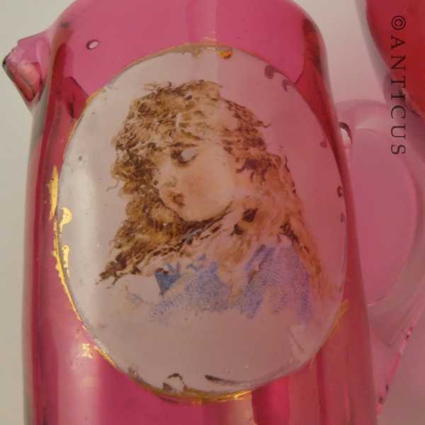 Cranberry Glass Cream & Sugar, Children Picts.