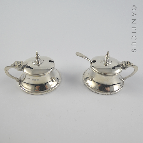 Pair Small Silver Mustard Pots, Arts & Crafts Style.