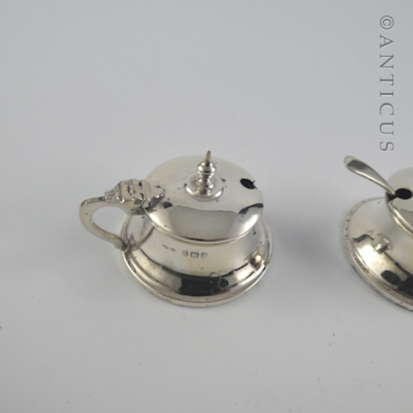 Pair Small Silver Mustard Pots, Arts & Crafts Style.