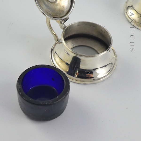 Pair Small Silver Mustard Pots, Arts & Crafts Style.