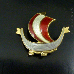 Norwegian Silver Gilt and Enamel Viking Ship Brooch.
