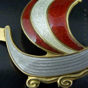 Norwegian Silver Gilt and Enamel Viking Ship Brooch.