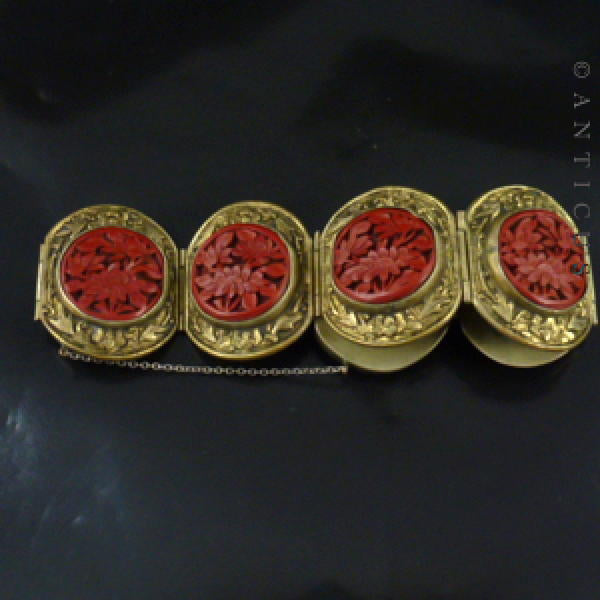 Chinese Cinnabar Lacquer & Gilded Brass Bracelet, 1930s.