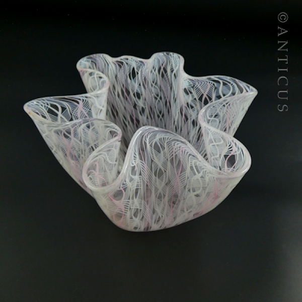 Venetian Latticino Glass Signed Hankerchief Vase.