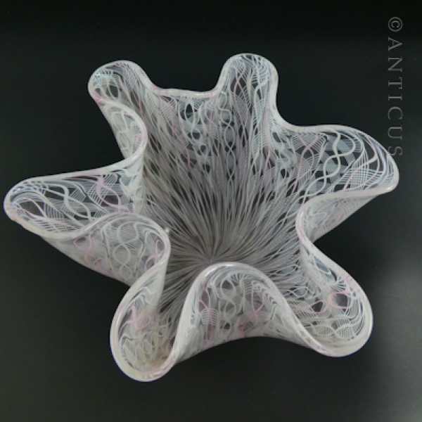 Venetian Latticino Glass Signed Hankerchief Vase.