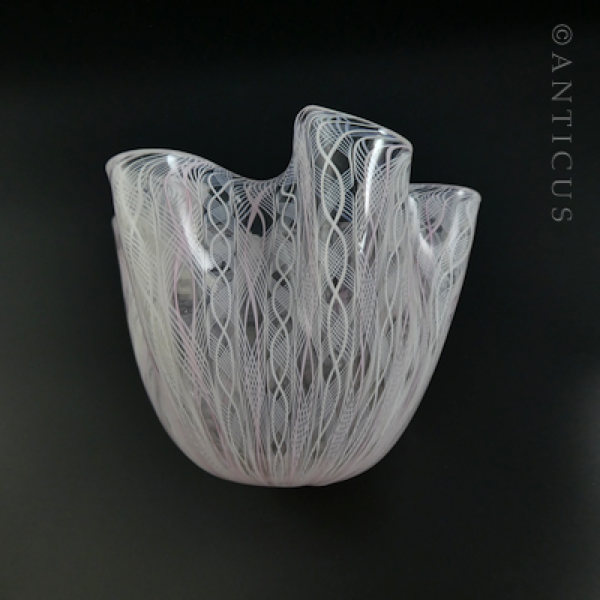 Venetian Latticino Glass Signed Hankerchief Vase.
