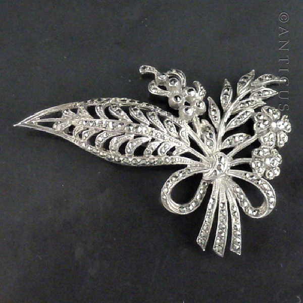 Silver and Marcasite Ribbon and Flowers Brooch.