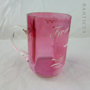 Unusual Mary Gregory Cranberry Glass Mug, Warrnambool.