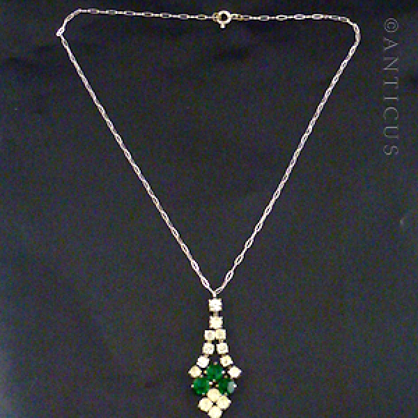 Paste Emerald and Diamond Art Deco Pendant on Chain.