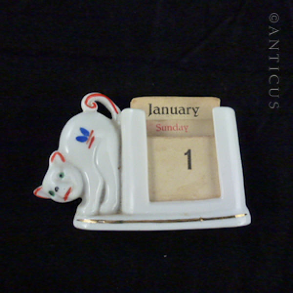 Art Deco Porcelain Perpetual Calendar, Cat Decoration.