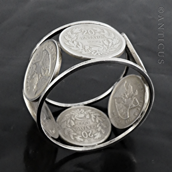 Old Chilean Silver Coin Napkin Ring.