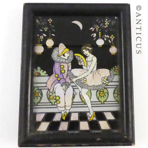 Art Deco Small Butterfly Wing Picture, Pierrot and Lady.
