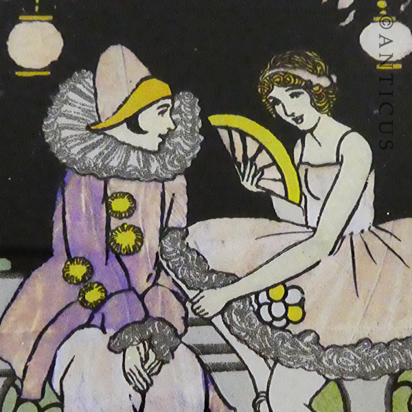 Art Deco Small Butterfly Wing Picture, Pierrot and Lady.