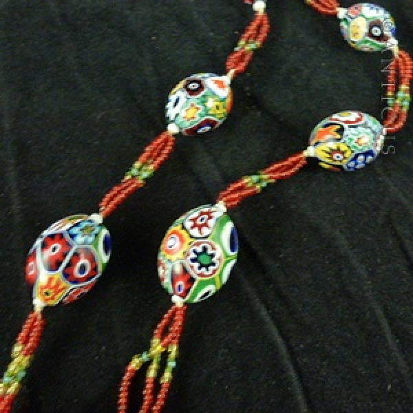 Very Long Flapper Necklace, Venetian Glass Beads and Tassel.