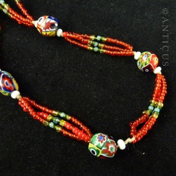 Very Long Flapper Necklace, Venetian Glass Beads and Tassel.