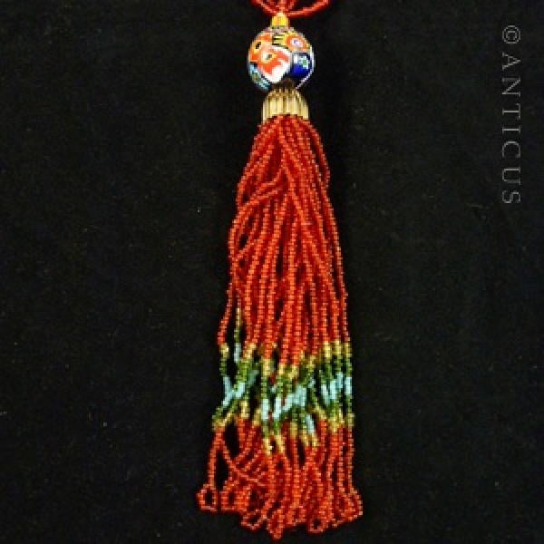 Very Long Flapper Necklace, Venetian Glass Beads and Tassel.