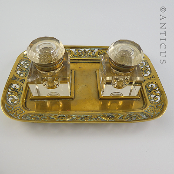 Antique Brass Ink Stand, with Twin Ink Bottles.
