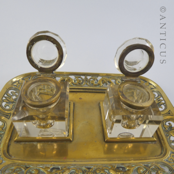 Antique Brass Ink Stand, with Twin Ink Bottles.