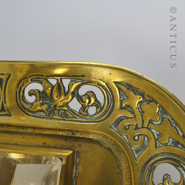 Antique Brass Ink Stand, with Twin Ink Bottles.