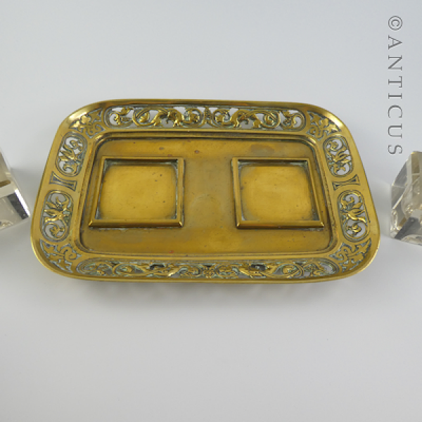 Antique Brass Ink Stand, with Twin Ink Bottles.
