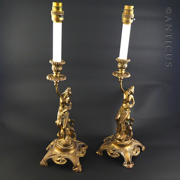 Pair of Cast Brass Figural Lamp Bases.