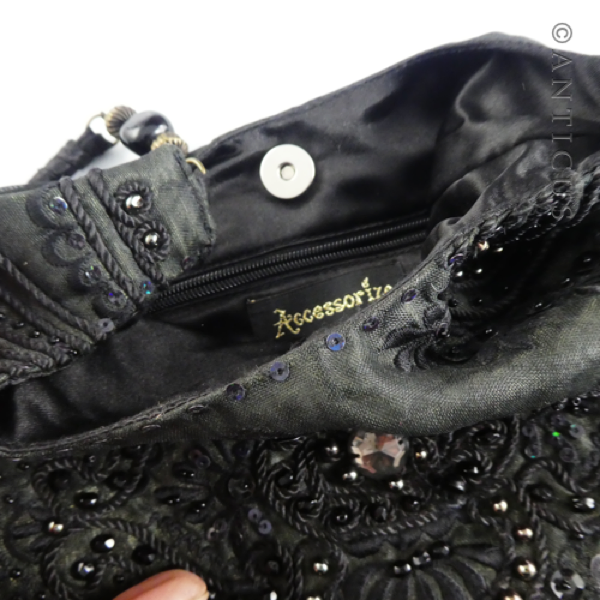 Black Beaded Evening Purse, Shoulder Strap.