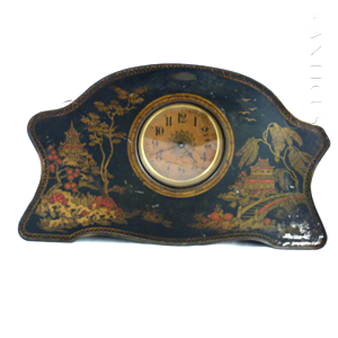 Vintage Biscuit Tin Clock, Chinoiserie Decoration.