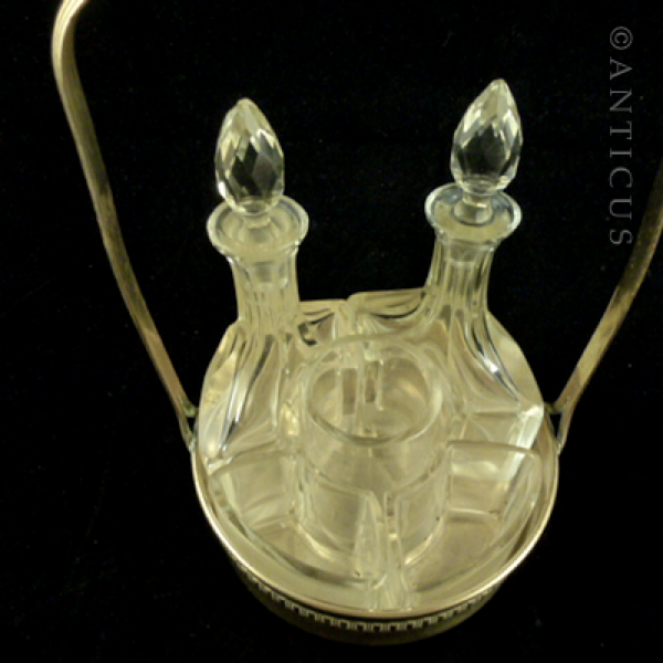 Crystal Cruet Set in Brass Table Stand.