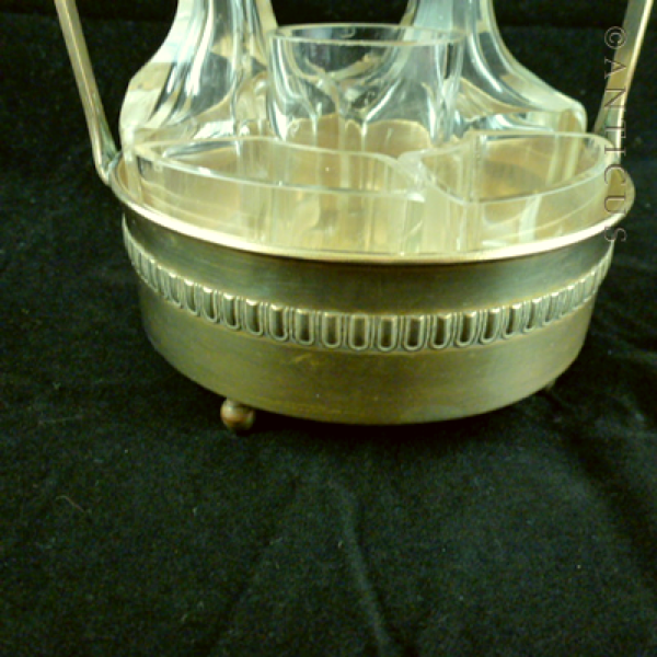 Crystal Cruet Set in Brass Table Stand.
