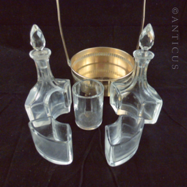 Crystal Cruet Set in Brass Table Stand.