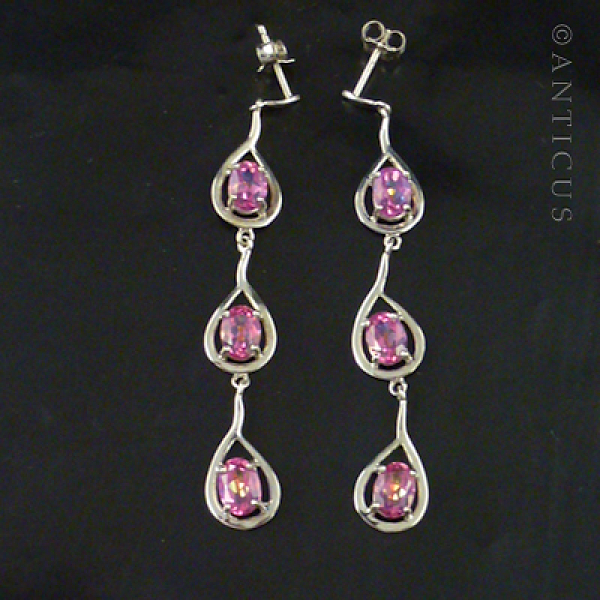 Long Drop Earrings, Silver with Pink Stones.