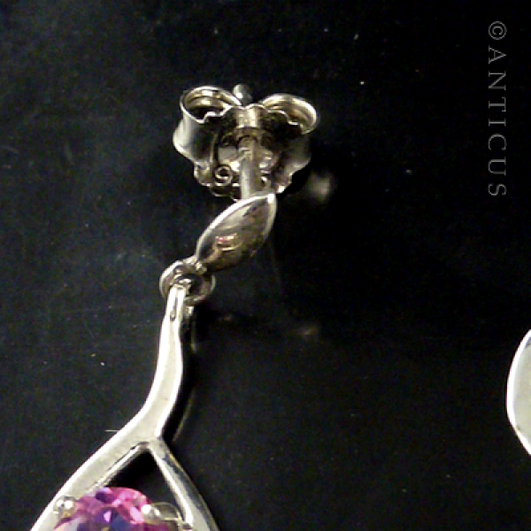 Long Drop Earrings, Silver with Pink Stones.