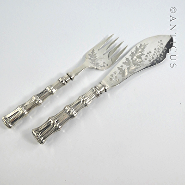 Pair of Silver Plate Fish Servers, Ornate Handles.