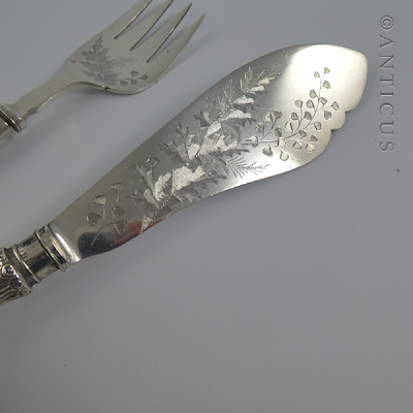 Pair of Silver Plate Fish Servers, Ornate Handles.