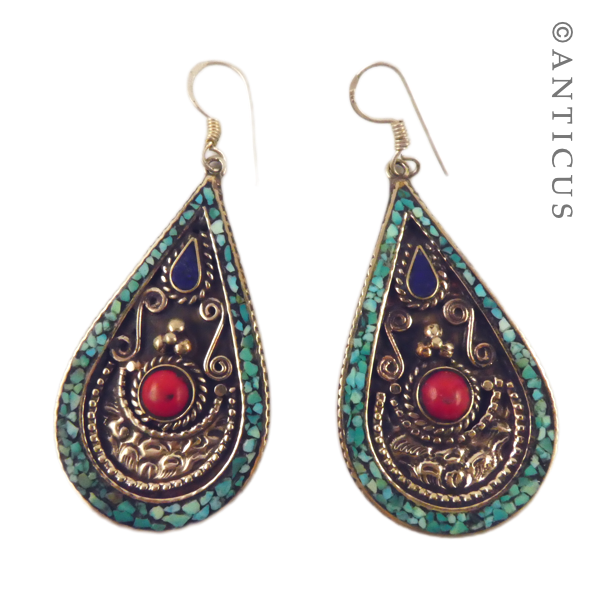 Pair Tibetan Style Earrings, Turquoise and Lapis.