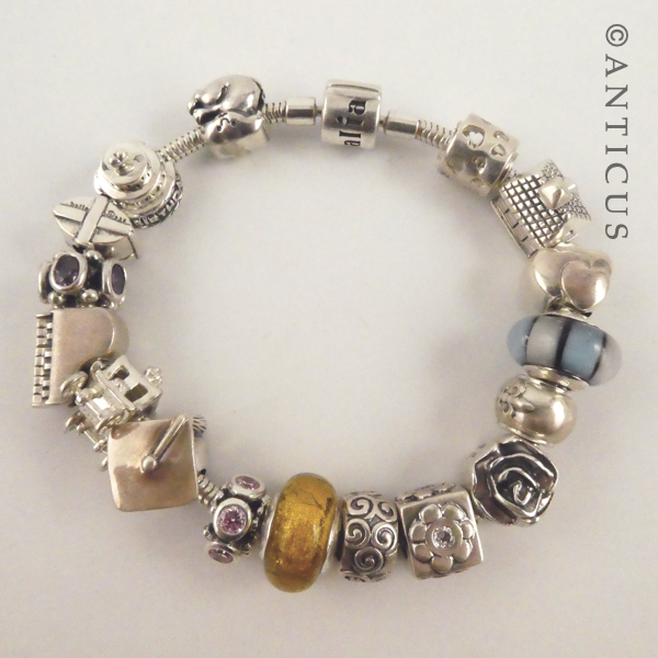 Modern Charm Bracelet, Silver, 17 Charms.