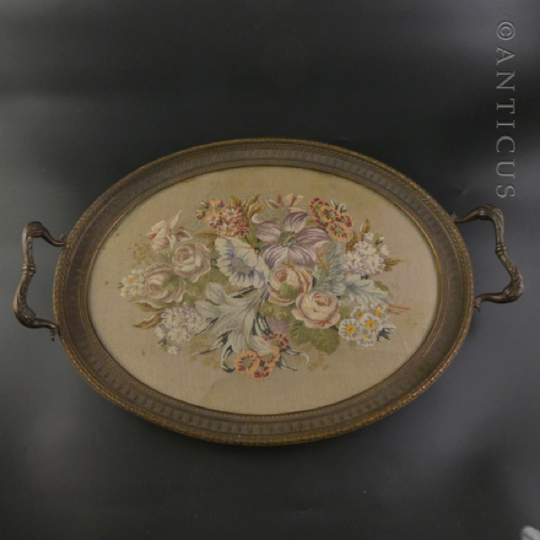 Vintage Ornate Metal Framed Tapestry Tray.