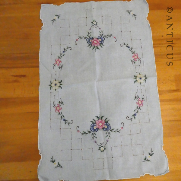 Vintage Tray Cloth, Blue Linen, Cross-Stitch Embroidery.