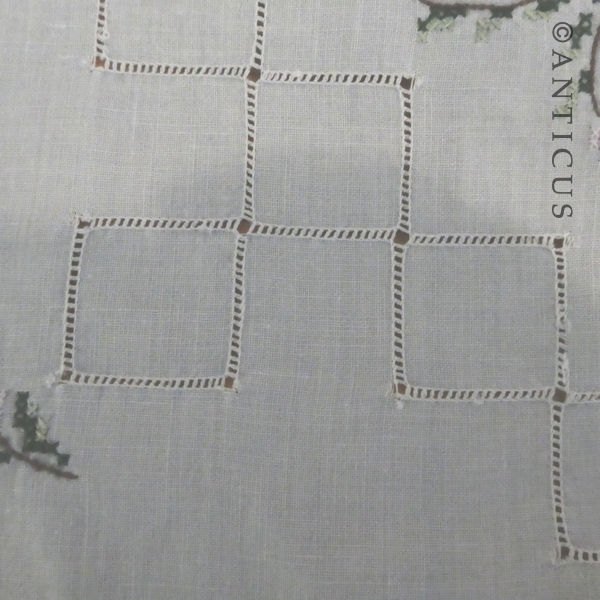 Vintage Tray Cloth, Blue Linen, Cross-Stitch Embroidery.